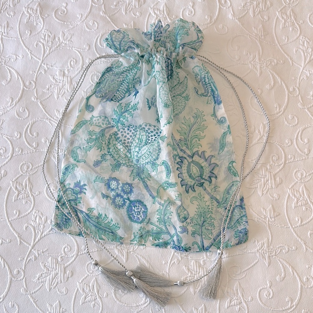 Blue & Green Gauzy Boho Floral‎ Paisley Drawstring Gift Bag w/Silver Drawstrings